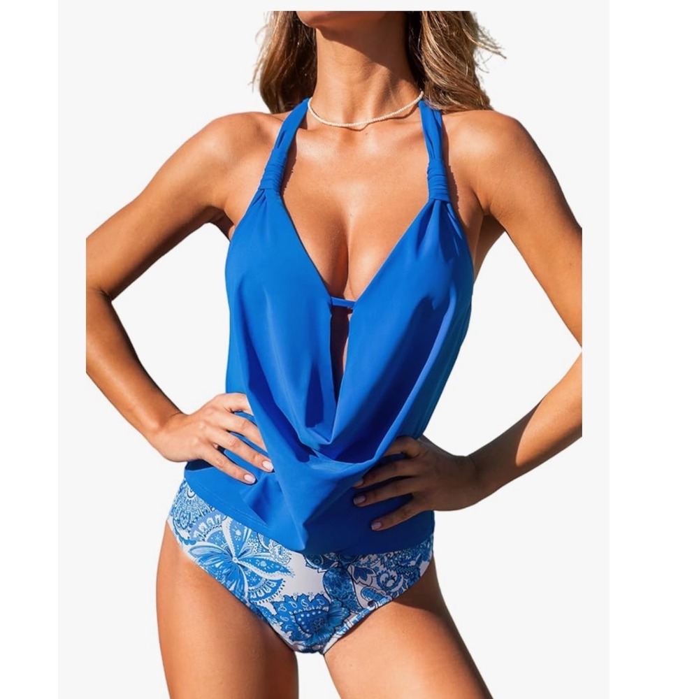 NWT CUPSHE Tankini Bathing Suit Halter Deep V Cowl Neck Swimsuit Blue Medium